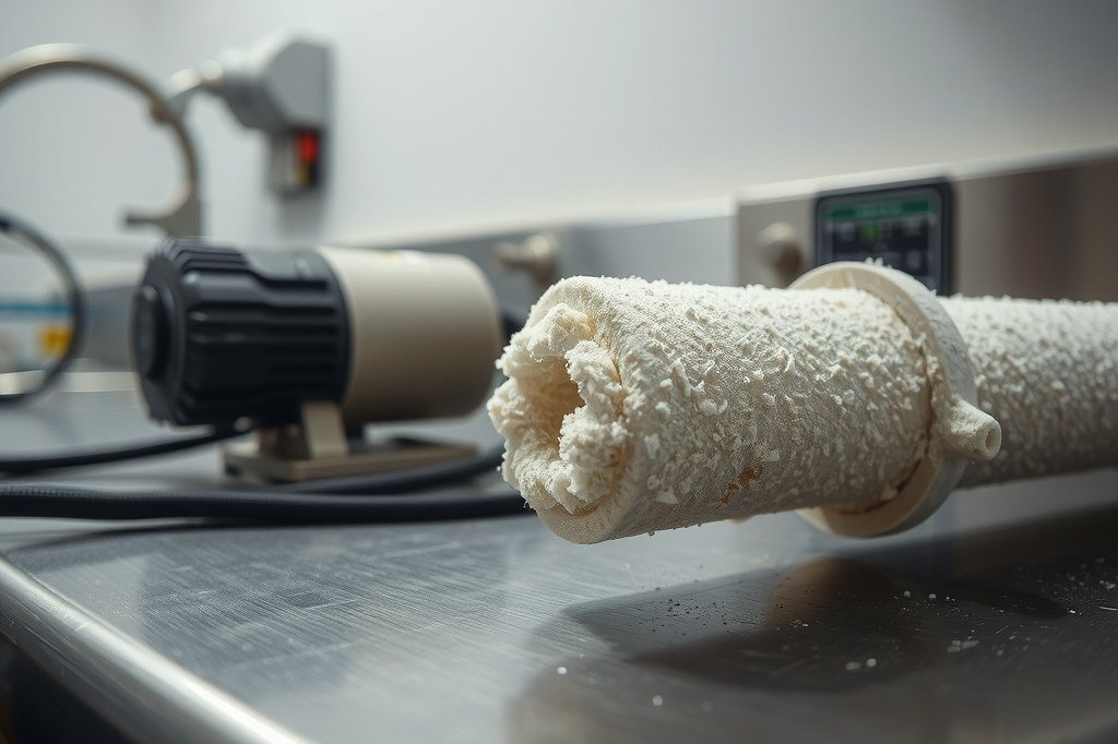 Tubo cubierto de cal blanca junto a una bomba de agua