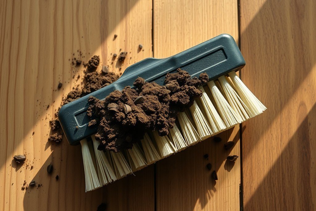 Cepillo de limpieza con posos de cafe apelmazados entre las cerdas sobre madera