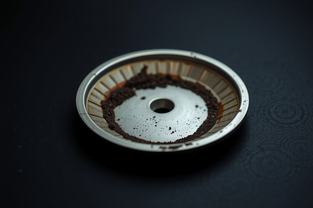 Cestillo filtro con malla y un anillo de posos de café secos junto al orificio central