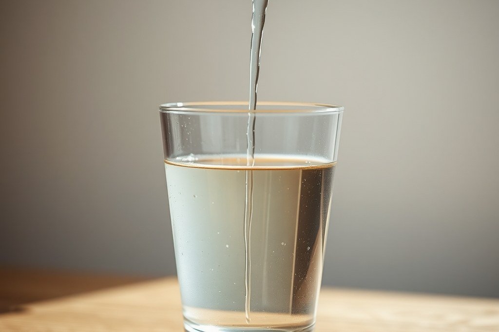 Chorro fino de agua caliente cayendo en un vaso de cristal, como el que hay que purgar por el vaporizador para que la maquina se enfrie