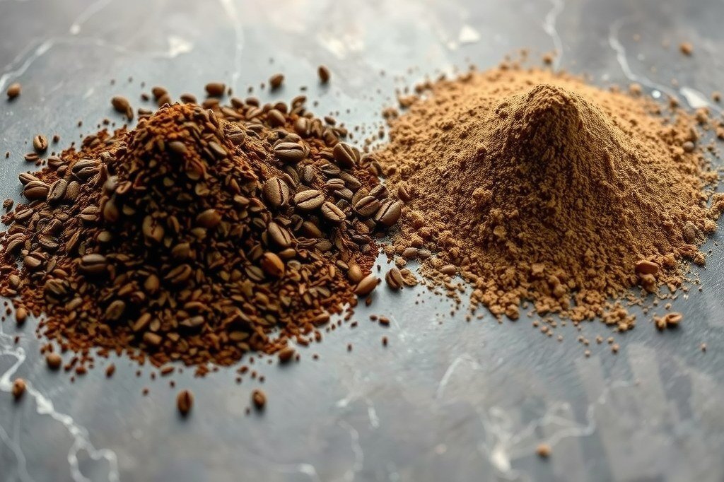 Dos montones de cafe molido comparados: a la izquierda una molienda gruesa con el grano visible, a la derecha una molienda fina como polvo