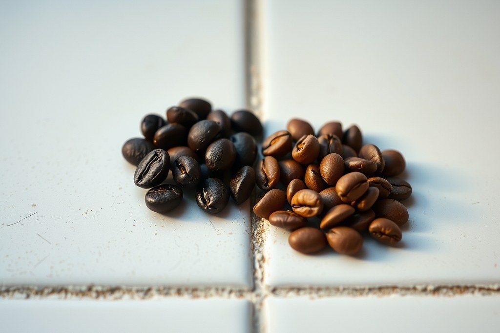 Dos montones de granos de cafe tostado: uno oscuro y brillante por el aceite, otro mas claro y mate