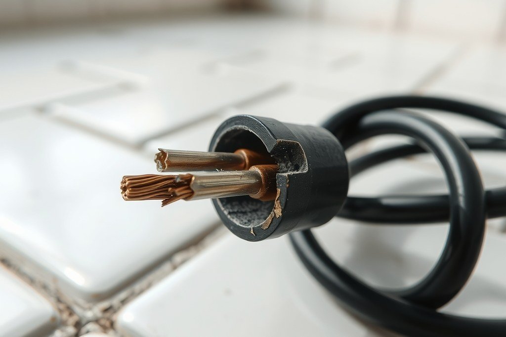 Extremo de un cable de corriente con el aislante roto y el cobre expuesto