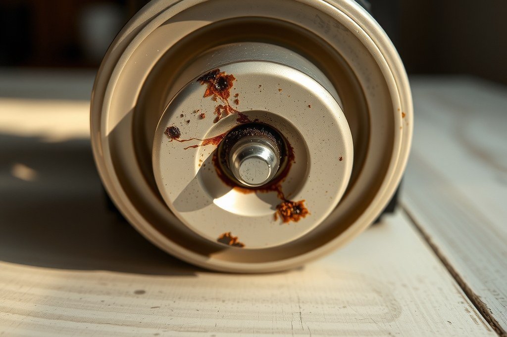 Punzón del cabezal de una cafetera de cápsulas obstruido por posos de café y cal