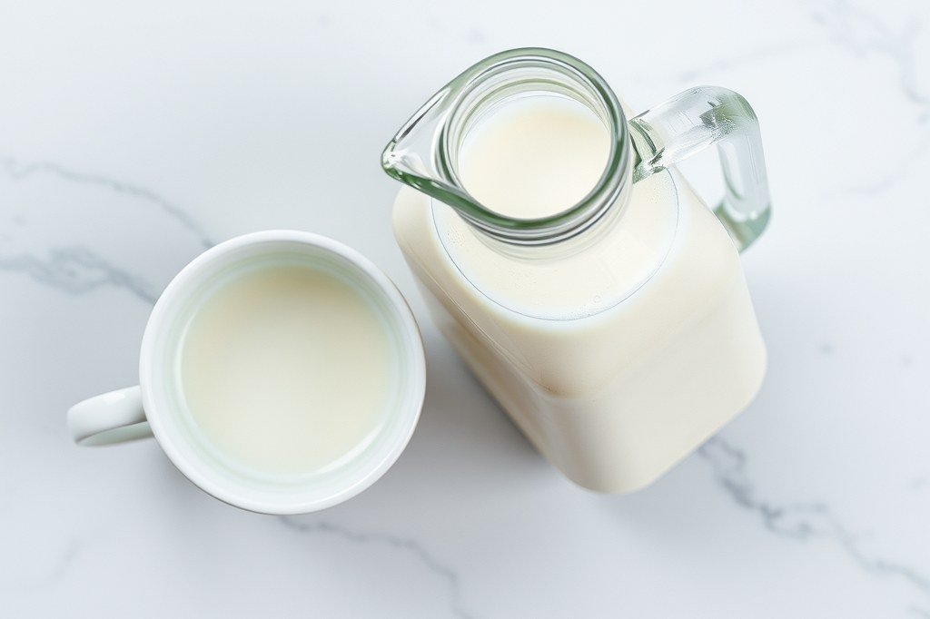 Jarra de cristal con leche fria junto a una taza blanca sobre una encimera clara
