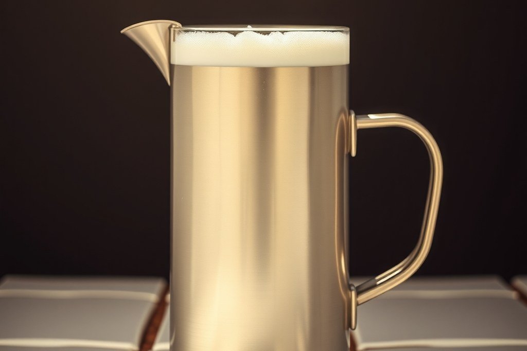 Jarra metalica alta con pico vertedor llena de leche con una capa densa de espuma blanca