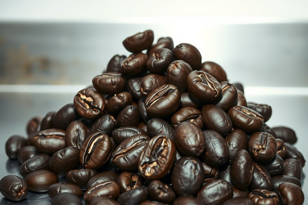 Monton de granos de cafe oscuros amontonados, varios abiertos por la hendidura
