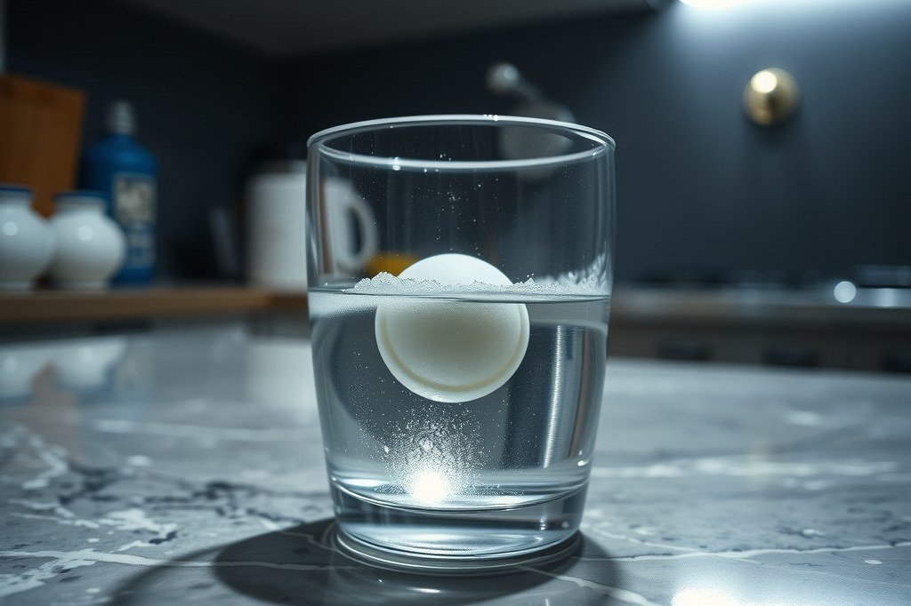 Pastilla descalcificadora blanca disolviéndose en un vaso de agua sobre una encimera