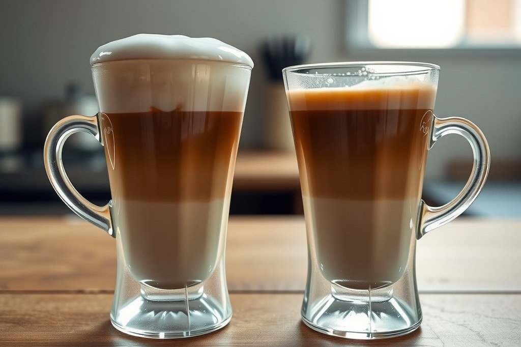 Dos vasos de cafe con leche: uno con capa de espuma y otro sin nada de espuma