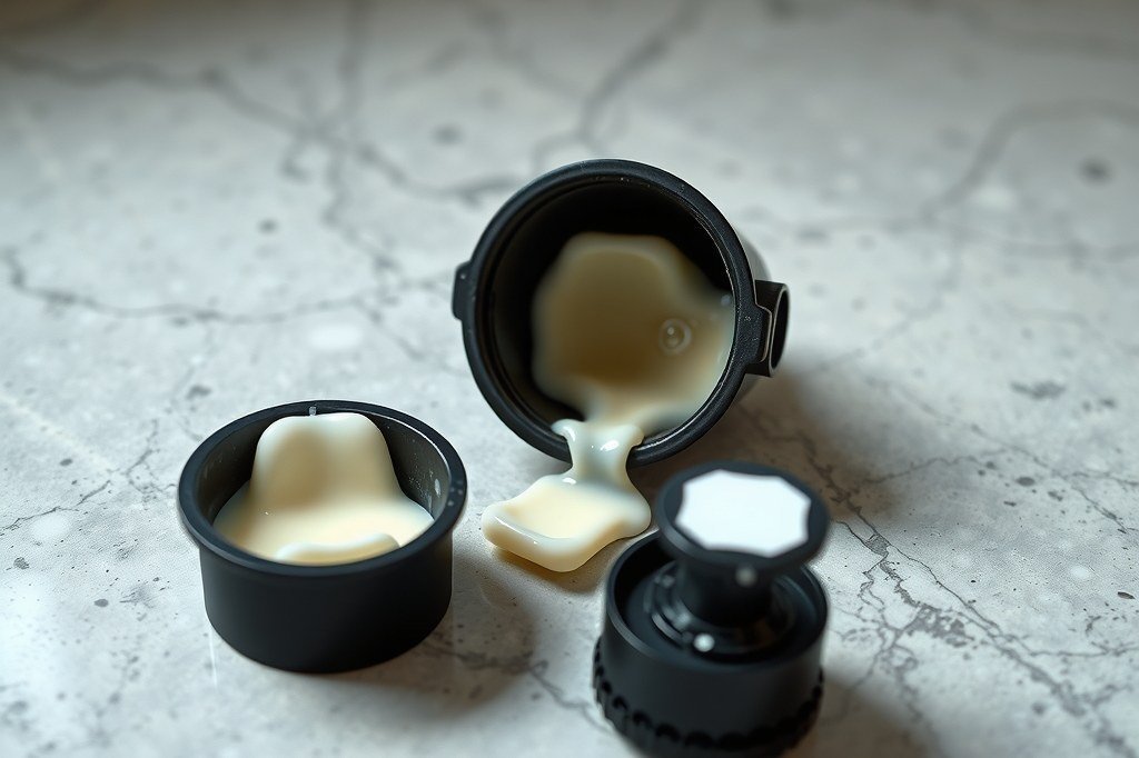 Piezas negras desmontadas de un espumador de leche con restos de leche cuajada dentro