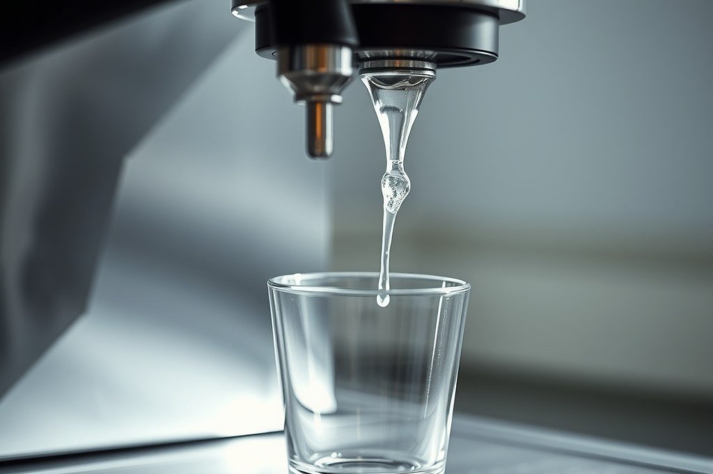 Primer chorro de agua clara saliendo de la boquilla a un vaso tras purgar el aire del circuito de la cafetera