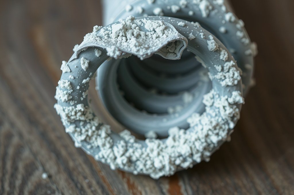 Resistencia en espiral cubierta de costra blanca de cal que se desprende en un extremo