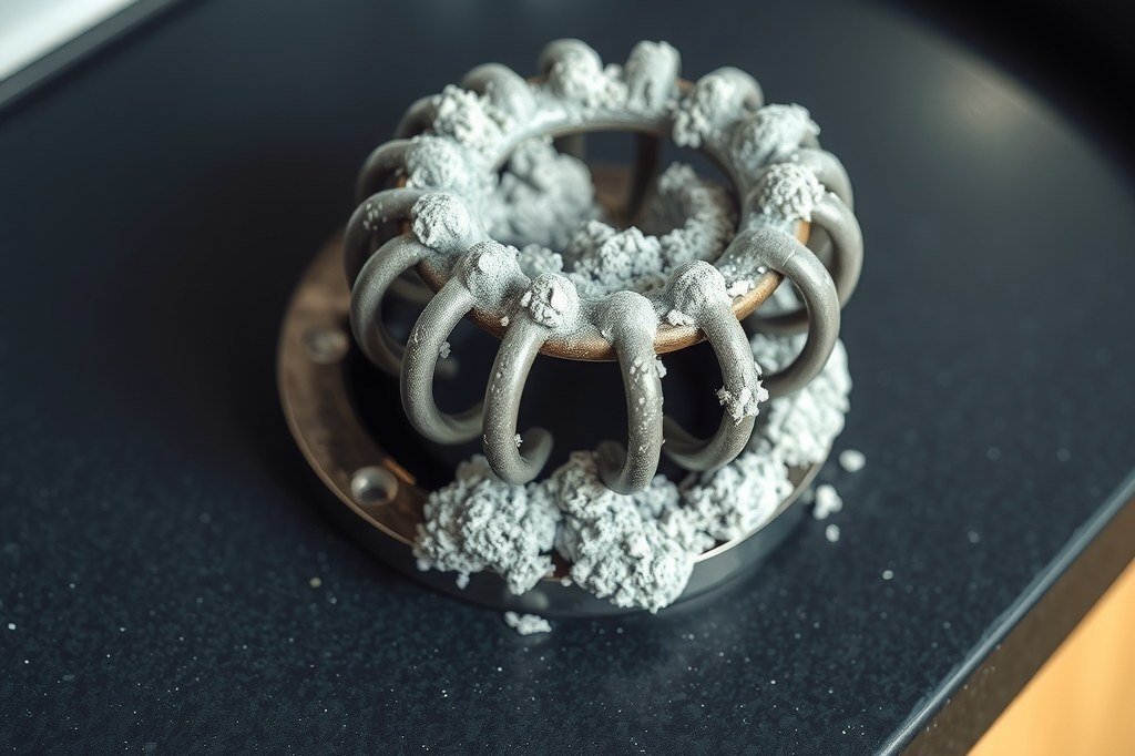 Resistencia en espiral de una cafetera cubierta de cal blanca que se desprende en trozos