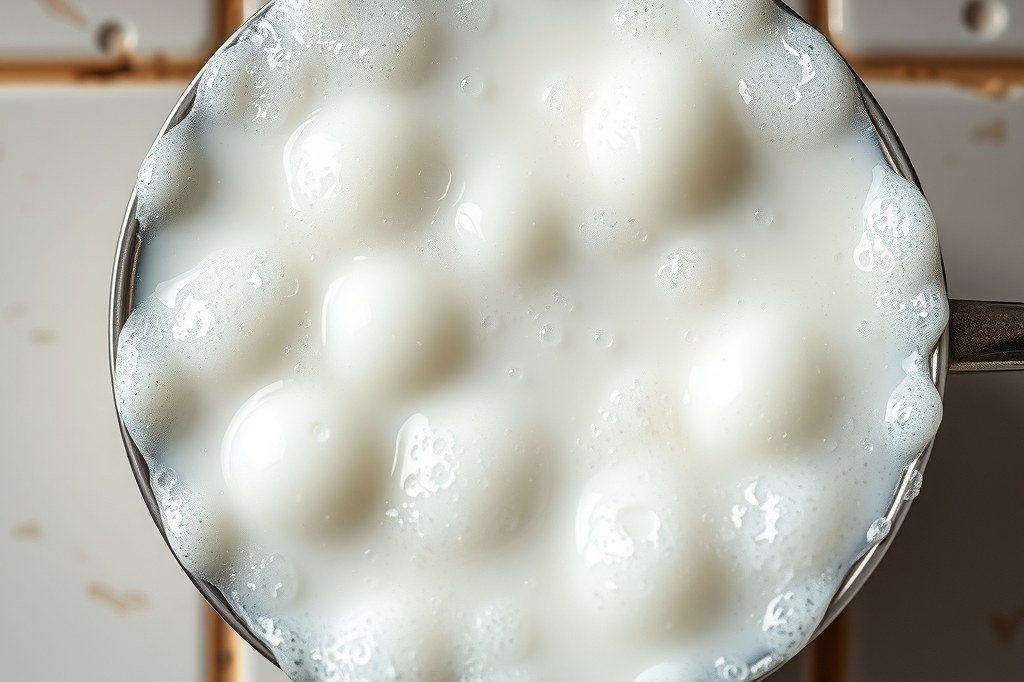 Leche montada con burbujas grandes e irregulares en una jarra de acero, espuma mal lograda