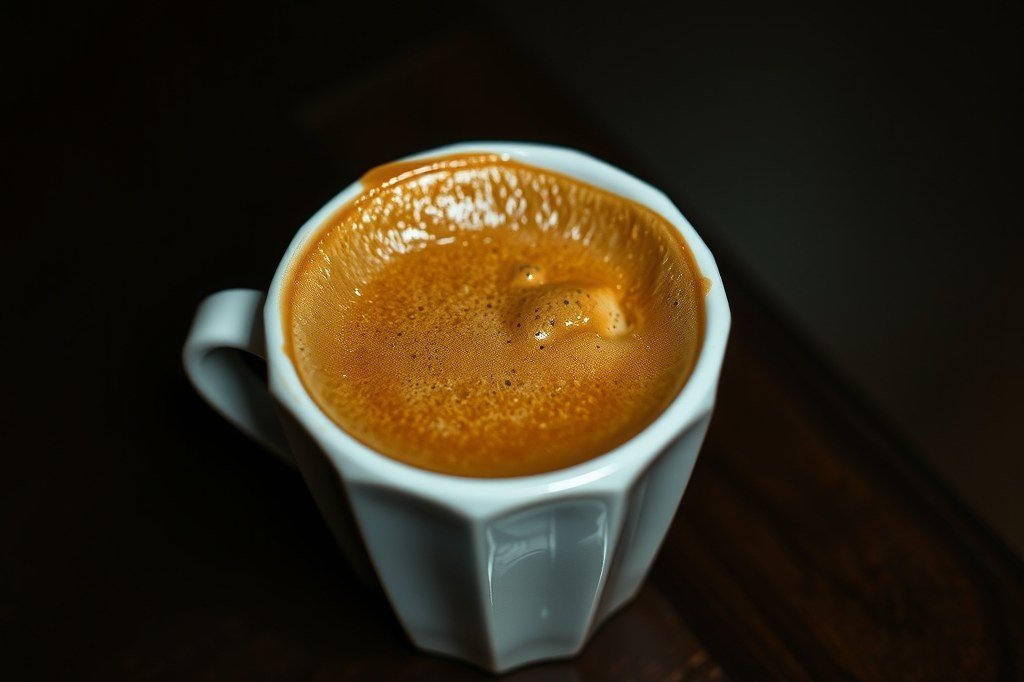Taza de espresso blanca llena hasta el borde con crema marron avellana sobre fondo oscuro