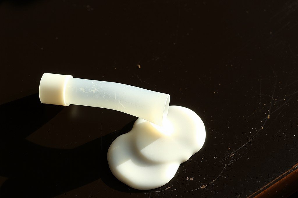 Tubo de silicona con conector blanco y restos de leche seca, sobre fondo oscuro