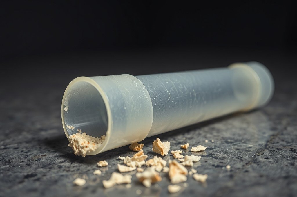 Tubo de silicona translucido con costra de leche seca dentro y escamas beige alrededor