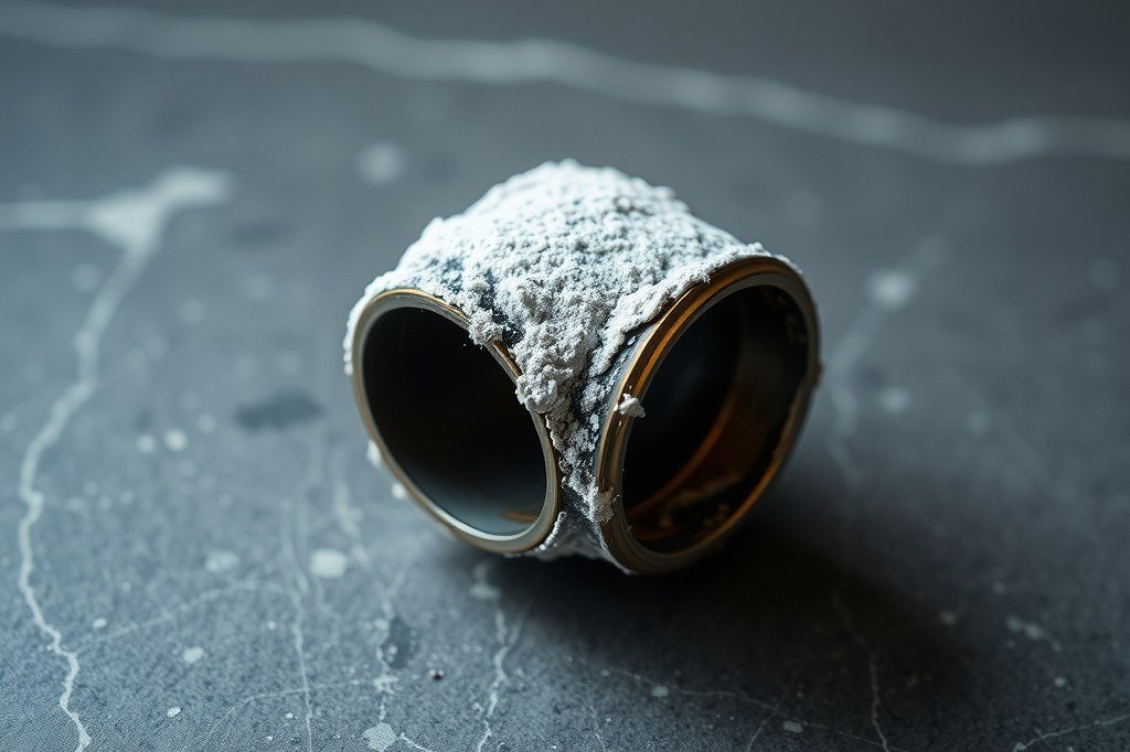Tubo metalico cubierto de una costra gruesa de cal blanca, la que acaba estrechando el thermoblock