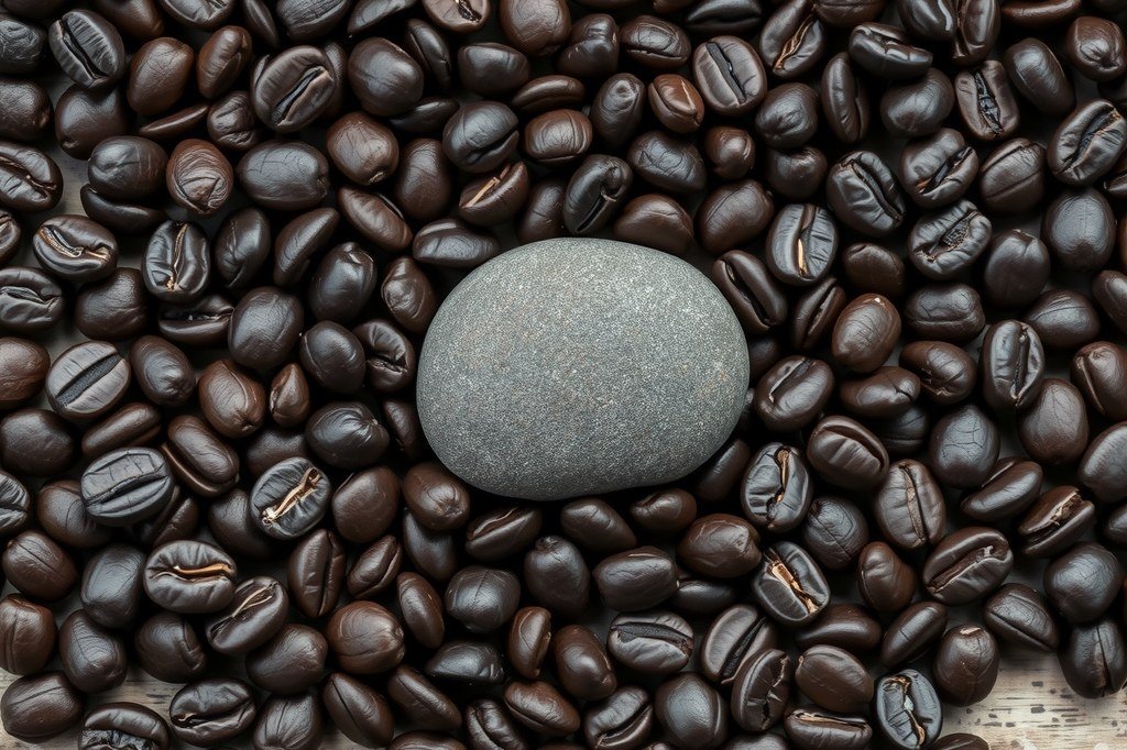 Un guijarro gris entre granos de cafe tostado oscuro vistos desde arriba