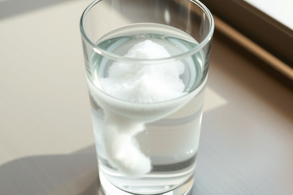 Vaso de agua transparente con polvo descalcificador blanco disolviendose y formando una nube que baja