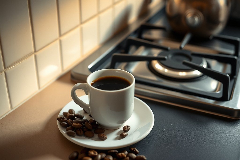 Taza de café junto a granos tostados en la encimera, al lado de un fogón de gas