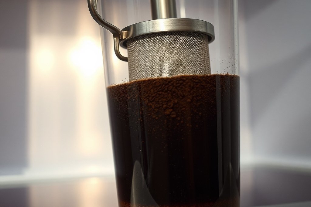 Jarra de cold brew con filtro de malla y el café en infusión en frío