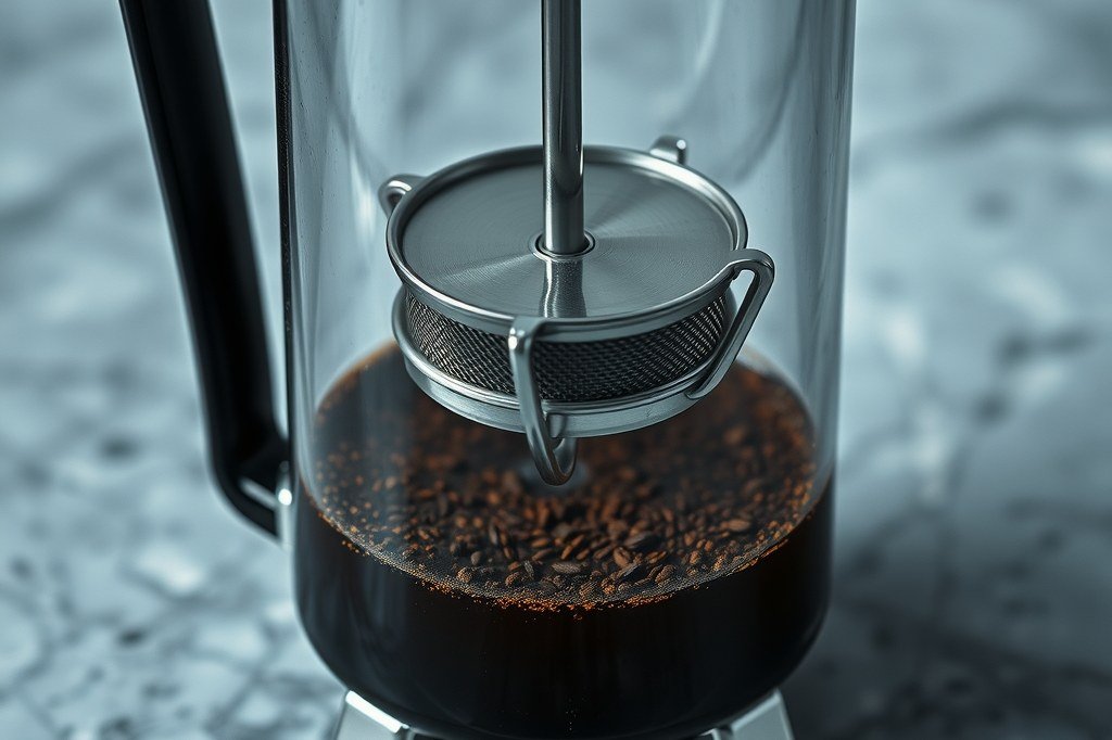 Prensa francesa de cristal con el émbolo de malla bajando sobre el café