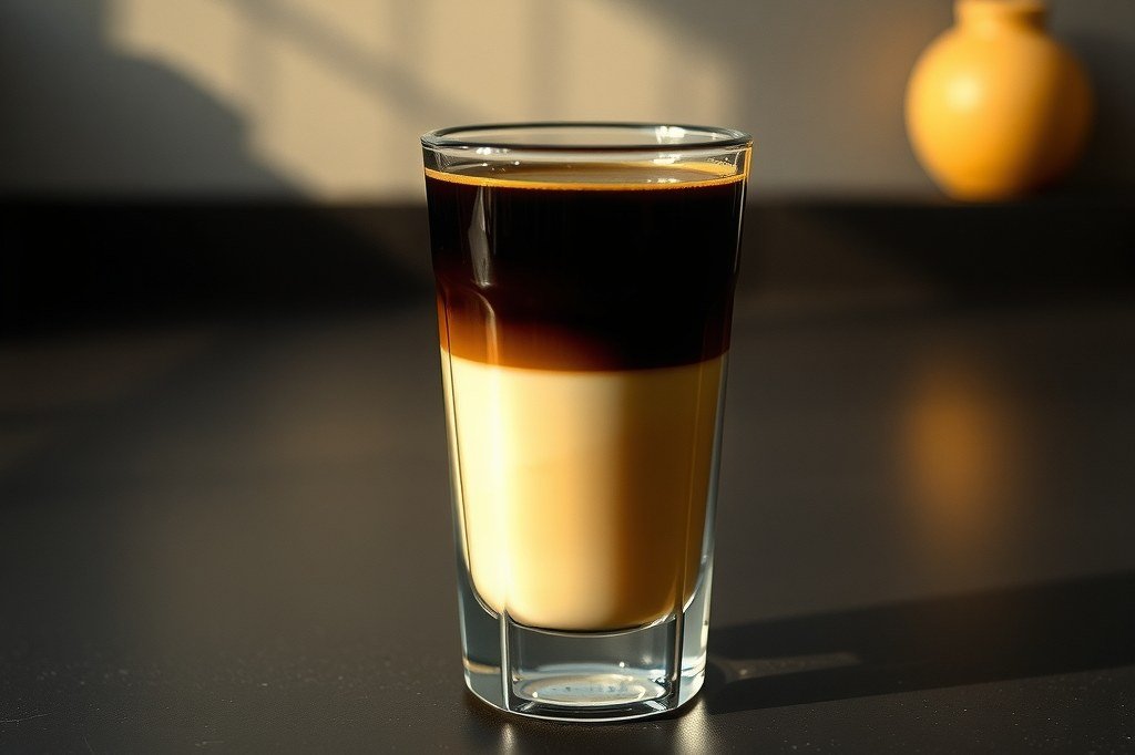 Café bombón en vaso de cristal: leche condensada abajo y café solo arriba, en dos capas separadas