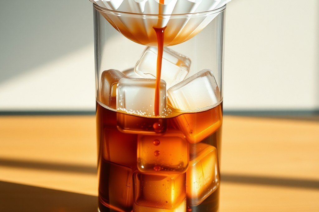 Café de filtro cayendo sobre cubitos de hielo en una jarra de cristal, método japonés