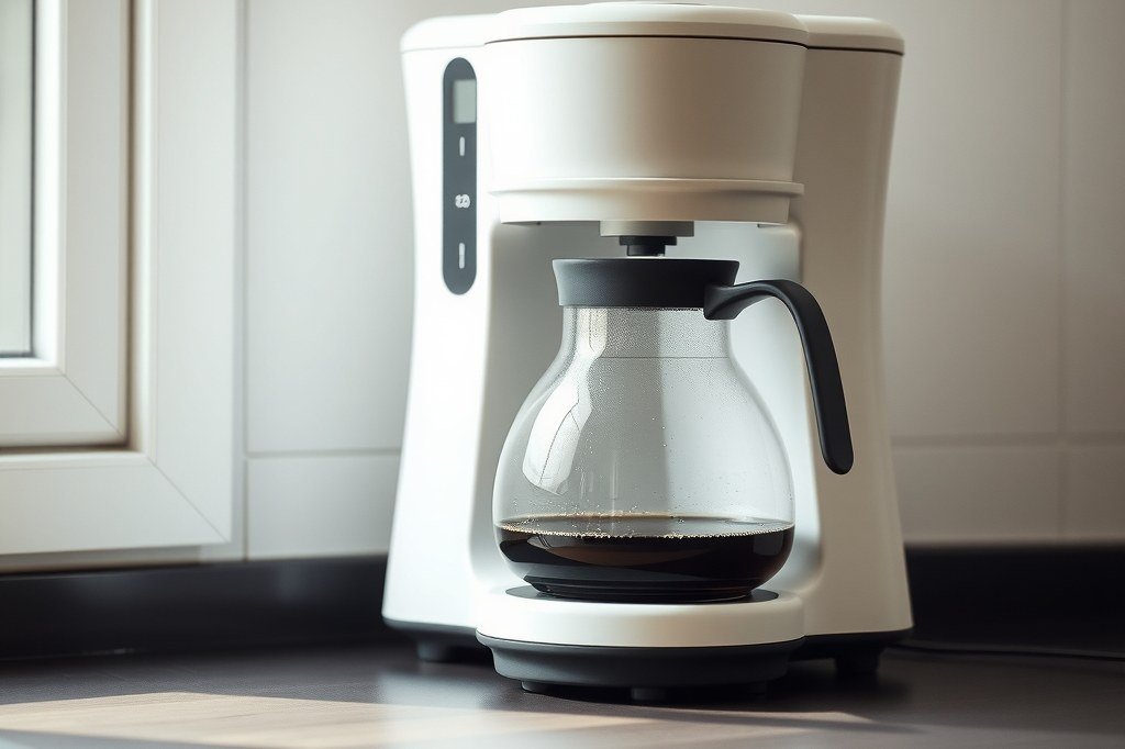 Cafetera de goteo blanca con la jarra de cristal sobre la placa calentadora
