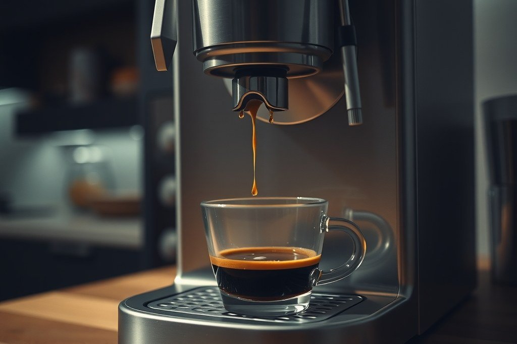 Cafetera espresso con la preparación cortada a medias y las últimas gotas en el surtidor