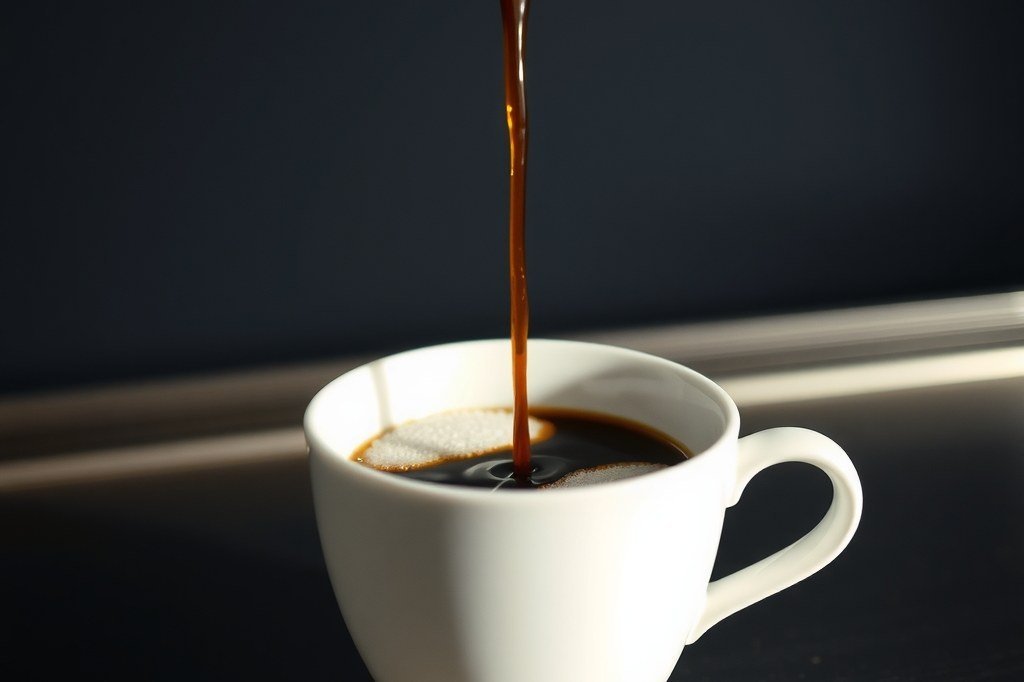Chorro de café cayendo sobre azúcar parcialmente humedecida en una taza blanca