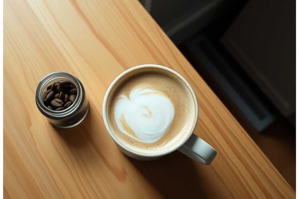 Taza de capuchino con espuma de leche sobre una mesa de madera junto a un tarro de café en grano