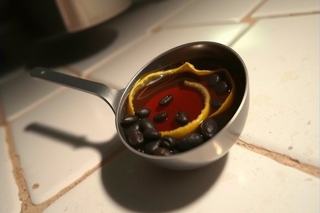 Cucharón con licor ámbar, granos de café y piel de limón