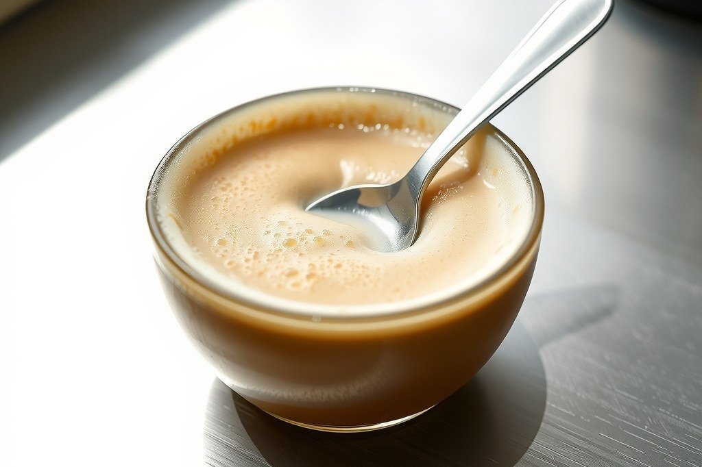 Cuenco de cristal con espuma clara y espesa y una cucharilla metálica dentro