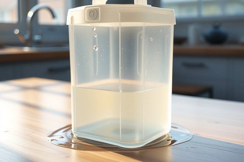 Depósito de agua transparente de una cafetera junto a un charco sobre la encimera