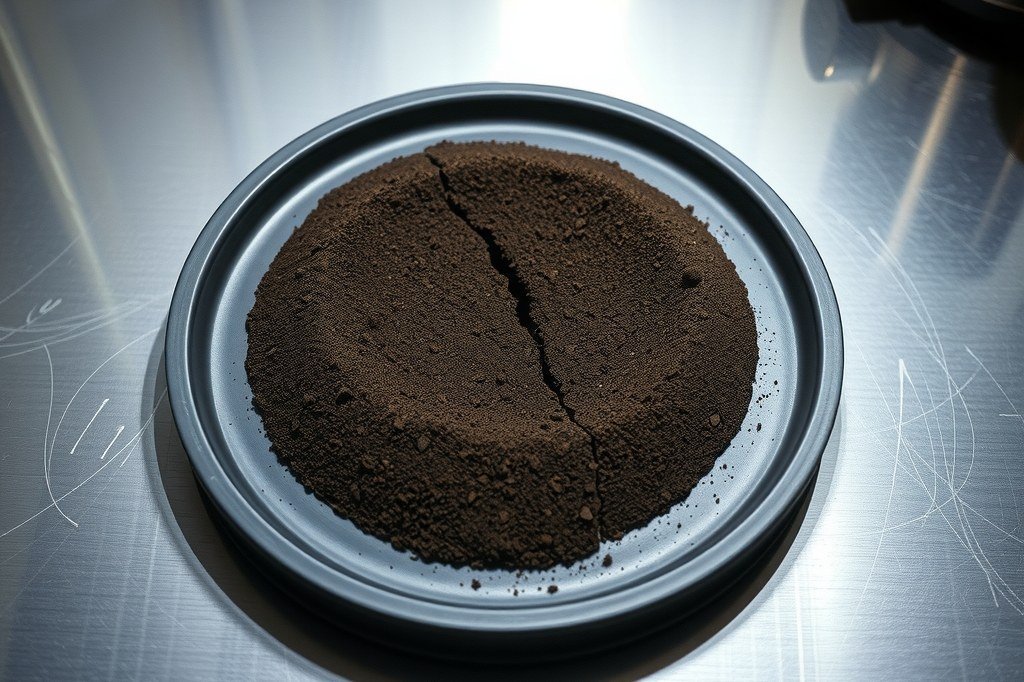 Disco de café molido compactado y agrietado sobre una bandeja oscura