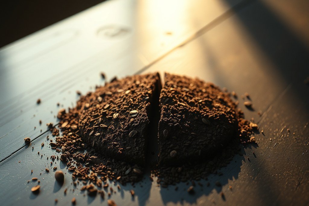 Disco de café molido prensado, partido por la mitad en una encimera oscura