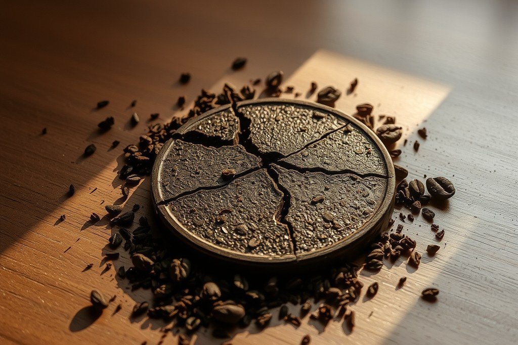Disco de posos de café compactos agrietado sobre madera con restos sueltos alrededor
