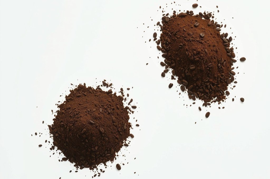 Dos montones de café molido oscuro, uno más fino y liso, el otro más grueso con granos visibles