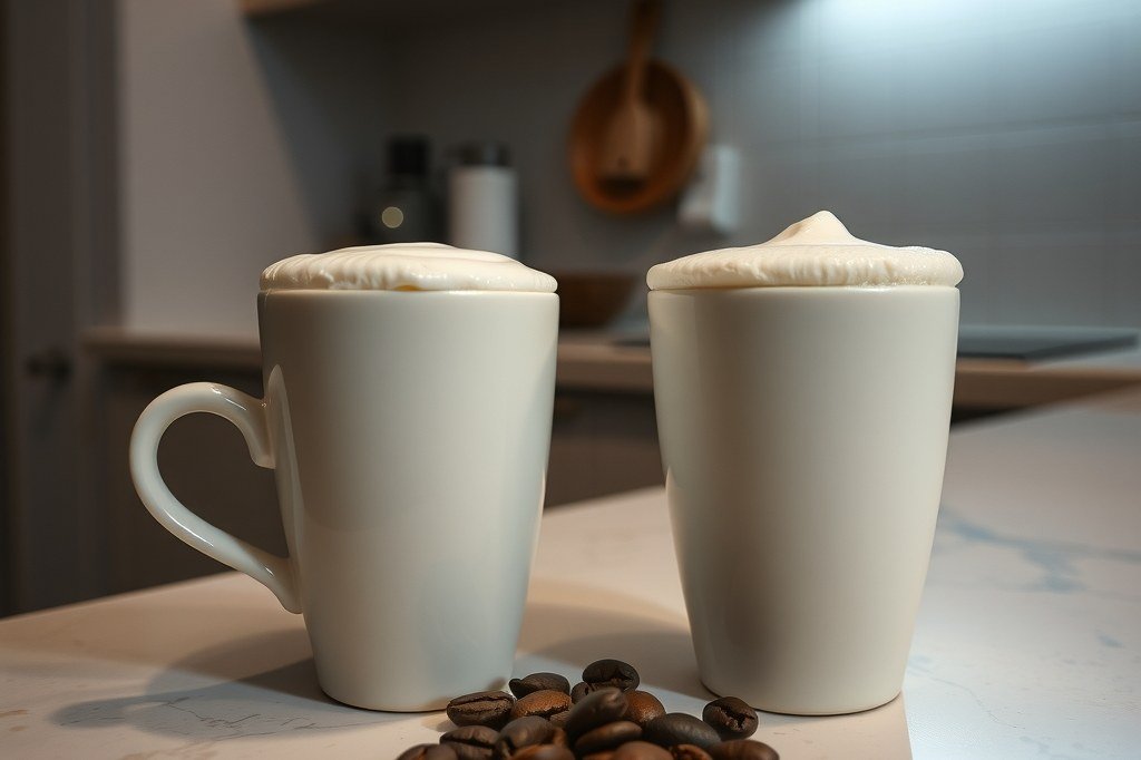 Dos tazas de café con leche, una con espuma ligera y otra con espuma densa