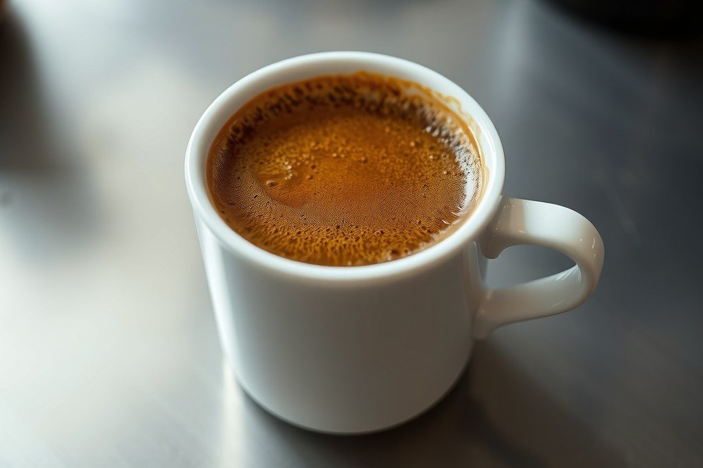 Espresso en taza blanca con crema densa marrón rojiza