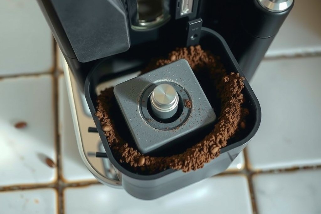 Grupo de infusión visto desde arriba con un anillo de café molido seco y compactado alrededor del borde