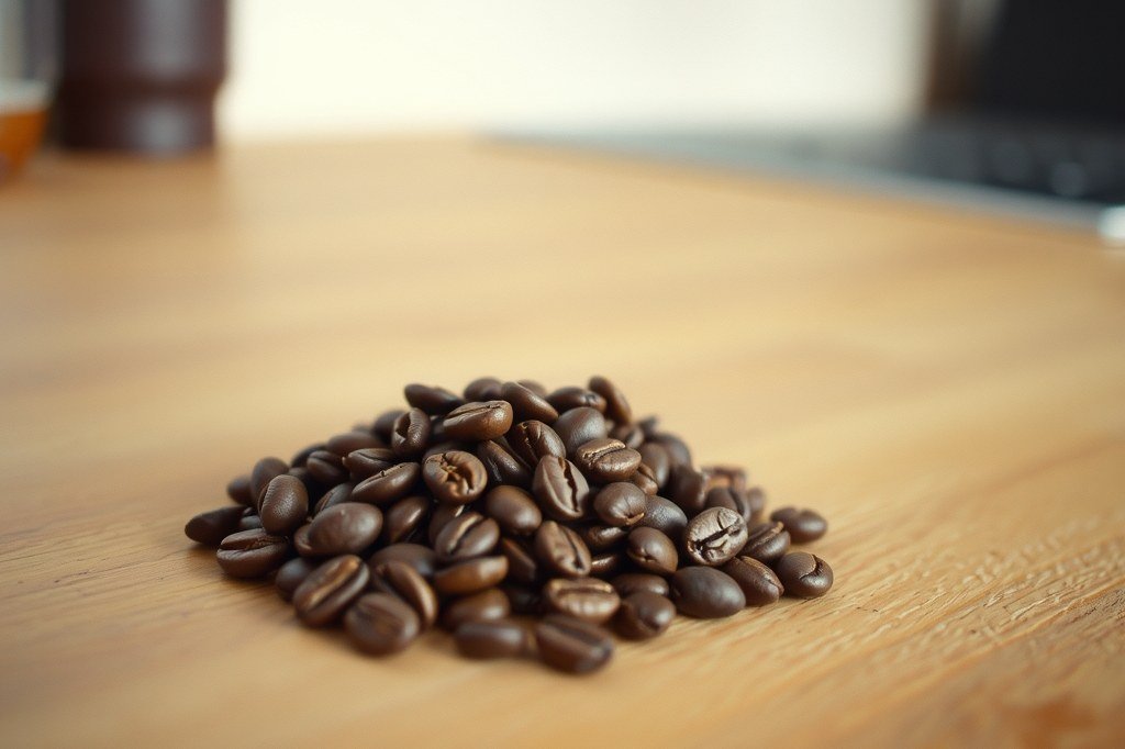 Montón de granos de café enteros amontonados sobre una encimera de madera