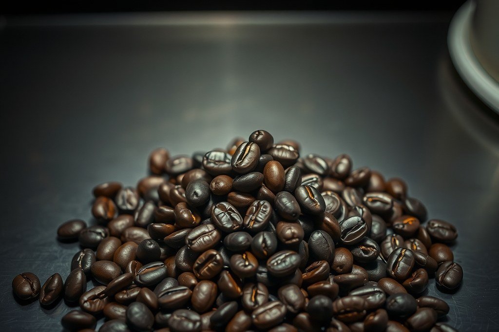 Montón de granos de café muy tostados y brillantes de aceite sobre una superficie oscura