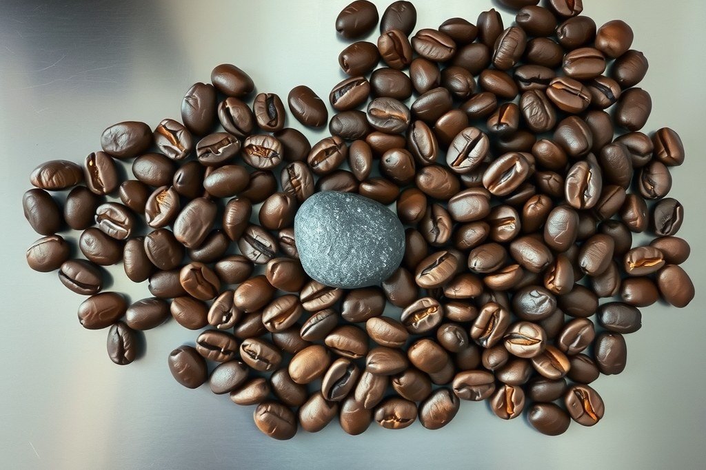 Piedra gris en el centro de un montón de granos de café de tueste medio