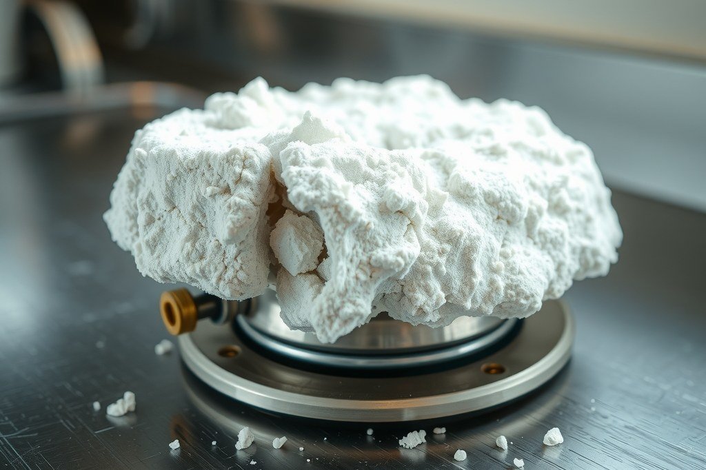 Pieza metalica con junta de goma cubierta de gruesa costra blanca de cal