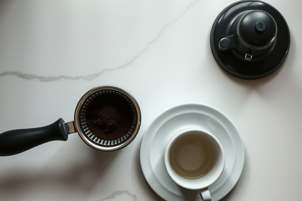 Portafiltro con café molido junto a una taza de espresso vacía
