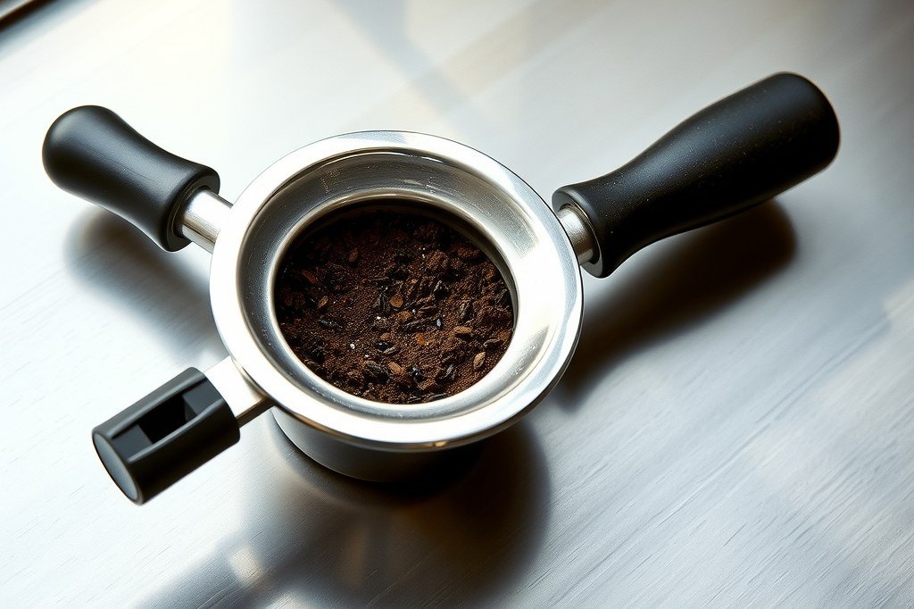 Portafiltro cromado de cafetera espresso con café molido dentro del cestillo