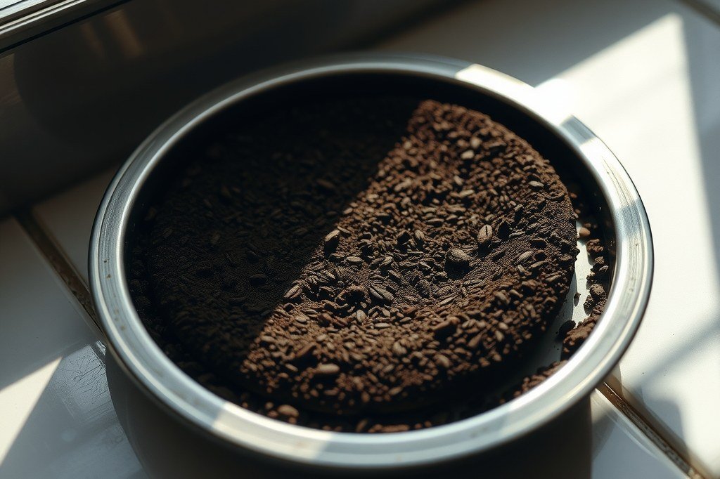 Posos de café compactados en un disco plano dentro de un cestillo metálico